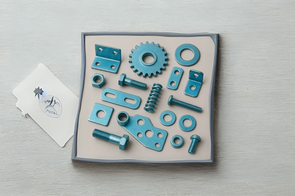 A collection of blue zinc metal CNC parts on a white surface, showcasing a tool set design.
